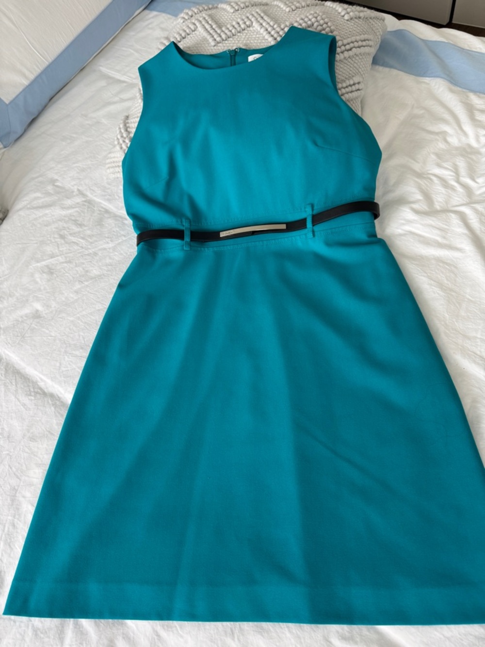Calvin Klein Teal Sleeveless Sheath Dress with Slim Black Belt